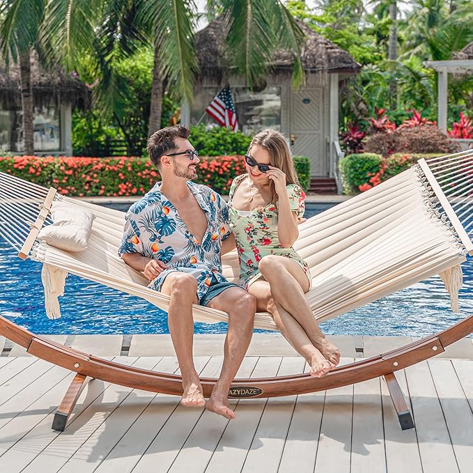 Lazy Daze Hammocks 12 FT Double Quilted Fabric Hammock with Hardwood Spreader Bar Tassels Soft Pillow Chains 2 Person Hammock for Outside Patio Backyard Poolside 450 LBS Weight Capacity Cream