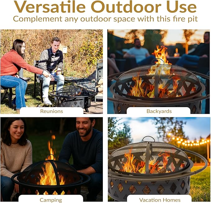 Sunnydaze Crossweave Outdoor Fire Pit - Wood-Burning Fire Pit for Outside with Spark Screen Poker and Round Cover - 30-Inch - Black