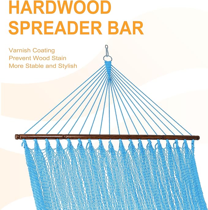 Lazy Daze Hammocks 10.5 FT Double 2 Person Caribbean Rope Hammock Hand Woven Polyester Hammock with Spreader Bars for Outside Outdoor Backyard Patio Poolside 450 LBS Capacity Sky Blue