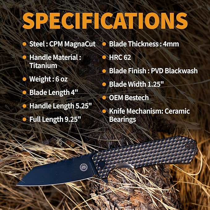 Off-Grid Knives - MAMBA V3 Large EDC Knife with MagnaCut Blade Steel Titanium Scales and Hardware Manual Ball Bearing Flipper Four Finger Grip Deep Pocket Carry (Blackout)