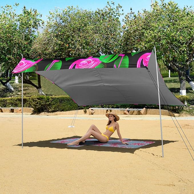 Flamingo Beach Canopy Sun Shelter with Sandbags &amp Sand Shovel &amp Windproof Ropes - Portable 110x126 Beach Shade Beach Tent for Camping Picnics