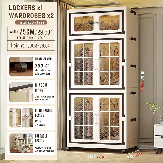SunSettler Stackable Plastic Storage Cabinet with Transparent Windows Collapsible Closet Organizer with Wheels (1+2 Plus)