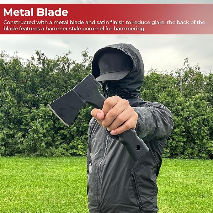 MedievalDepot Outdoor Camping Axe – Compact Full Tang Blade with Hammer Pommel Sheath Included (Black)