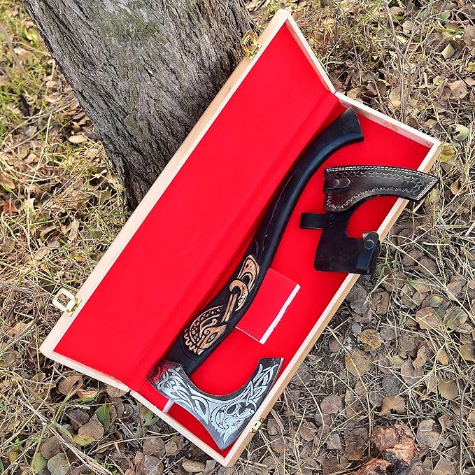 SS SMART &amp SHARP SPORTS INC Custom Handmade High Carbon Steel Viking Axe Real HatchetGift for hIm19 inches SS-17613 with Wooden Box