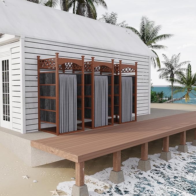 Outdoor Shower Enclosure with Shower Mat &amp Curtain Solid Wood Privacy Outside Shower Stall Outdoor Changing Room for Pool Wash Station Patio or Beach Rinse Station