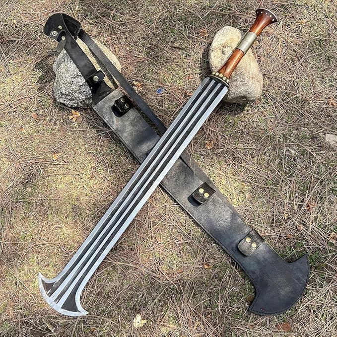 DARK WARRIOR-Handcrafted Konda Ikakalaka Sword | Functional &amp Sharpened | 5160 Carbon Steel Blade | Ancient Traditional African Sword | Leather Sheath for Anniversary Birthday Gift.