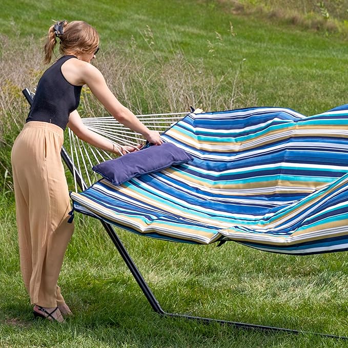 Sunnydaze Rope Hammock with Stand for Outside- 275-Pound Capacity - Includes 12-Foot Hammock Stand Spreader Bar Pad and Pillow - Lakeview