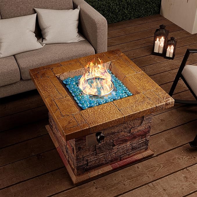 32 Outdoor Propane Fire Pit Square Stonecrest Gas Firepit for Outside Patio Concrete Propane Fire Table 50000 BTU Gas Fire Pits with Lava Rocks CSA Certified Blue Fire Glass