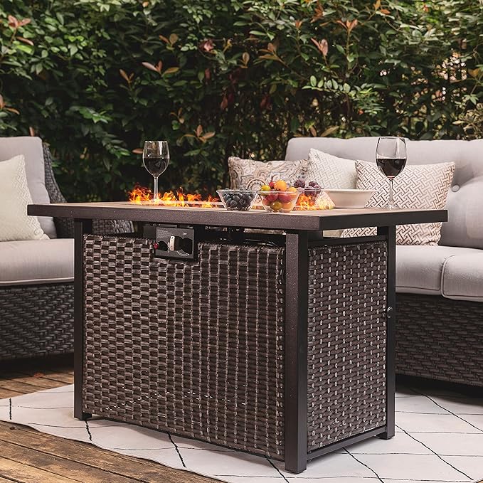 Nuu Garden Propane Fire Pit Table CSA Certified 43 Inch 50000 BTU Outdoor Gas Fire Pit Table with Ceramic Tabletop 7 lbs Glass Stone and Oxford Cover Dark Brown and Coffee