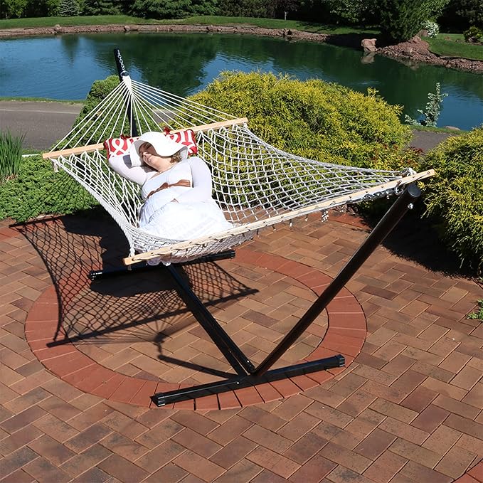 Sunnydaze Rope Hammock with Stand for Outside- 275-Pound Capacity - Includes 12-Foot Hammock Stand Spreader Bar Pad and Pillow - Royal Red