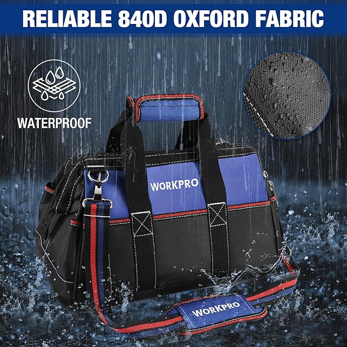 WORKPRO 16-inch Wide Mouth Tool Bag Heavy Duty Cloth Tool Storage Bag with Water Proof Molded Base Adjustable Shoulder Strap