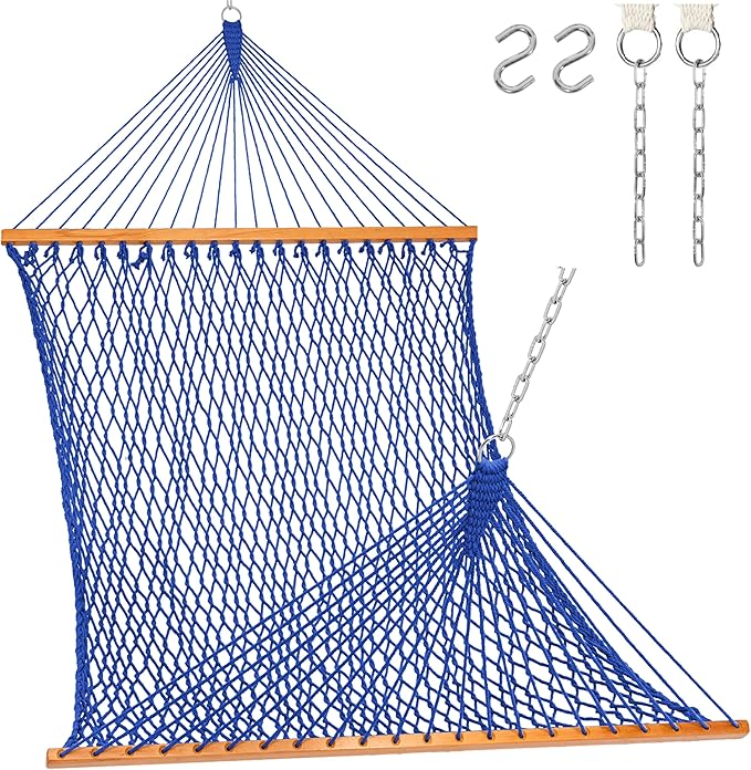 Lazy Daze Hammocks 12FT Double Rope Hammocks 2 Person Hand Woven Cotton Hammock with Spreader Bar for Outside Patio Poolside FIT 13-15 FT Stand Max 450 Lbs Blue 141 x 57 inches