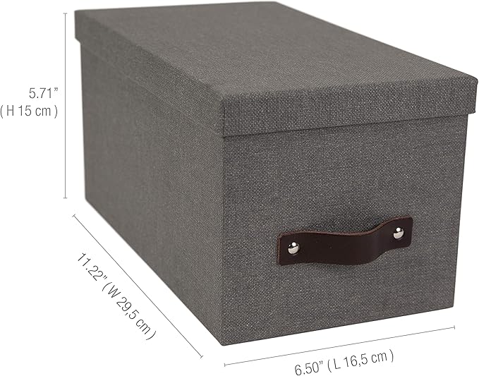Bigso Silvia Organizational Storage Box with Leather Handle for Shelves and Stacks Easily - Durable and Decorative Storage Boxes with Lids - 5.9 in x 6.5 in x 11.6 in - Gray