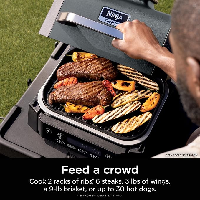 Ninja Woodfire Outdoor Grill &amp Smoker 6-in-1 Functionality Grill Smoke Bake Roast Air Fry Broil Authentic Woodfire Flavors Electric Heat OG321