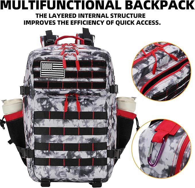 Lovelinks21 45L Tactical Assault Backpack 3 day assault pack with Molle Waterproof backpack Rucksack for Tactical Backpacks (Black White Red)