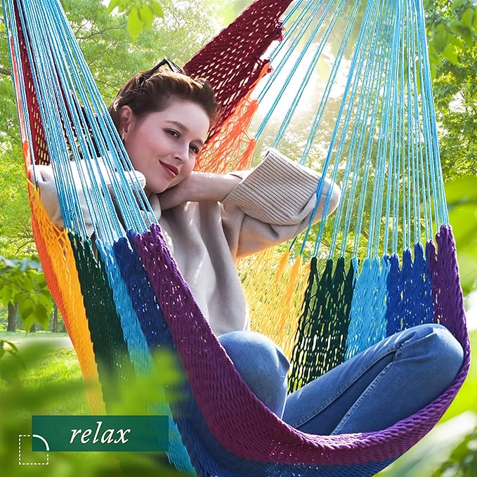 Caribbean Hammock Swing Chair with Spreader Bar Large Hammock Chair Hand Craft Rope Hanging Chair Outdoor Indoor Bedroom 330 LBS Weight Capacity Rainbow