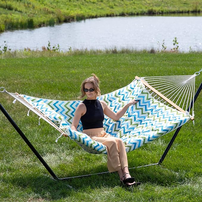 Sunnydaze Rope Hammock with Stand for Outside- 275-Pound Capacity - Includes 12-Foot Hammock Stand Spreader Bar Pad and Pillow - Blue and Green Chevron