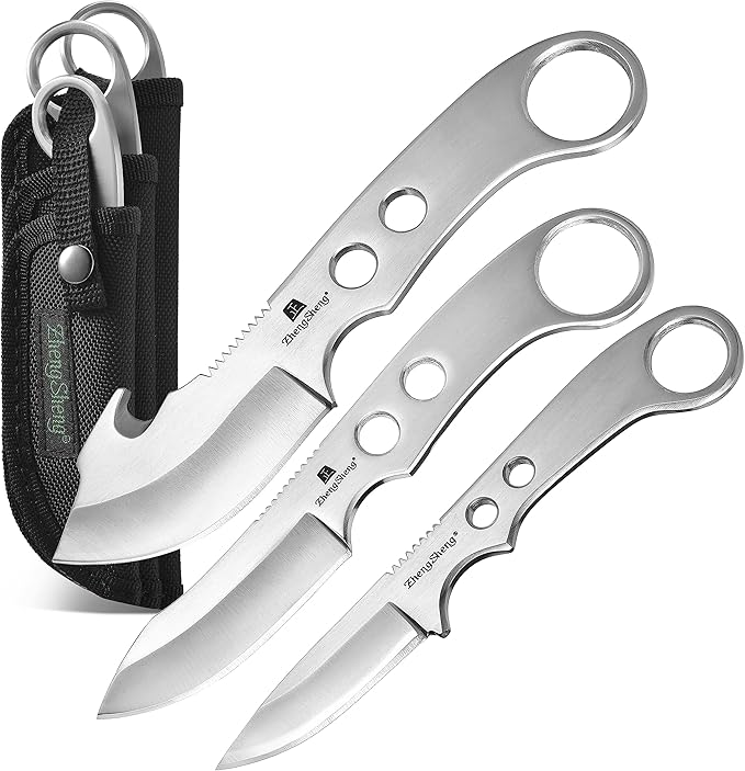 ZhengSheng 3 Piece Hunting Knife set Survival Knives Bowie knife and Gut Hook Knife with Nylon Sheath for Hiking Outdoor Camping Activities