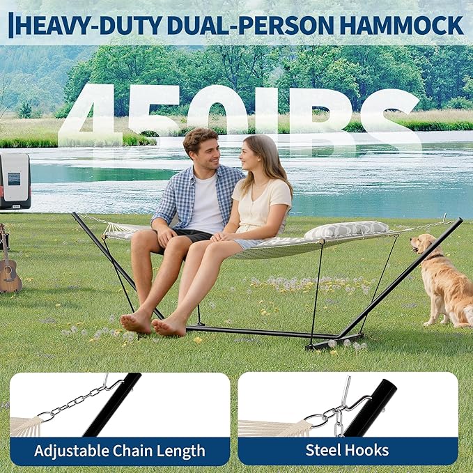 Heavy Duty 2 Person Double Hammock with Portable Adjustable Steel Stand Outdoor Hammock with Pillow for Patio Garden Beach Backyard Camping
