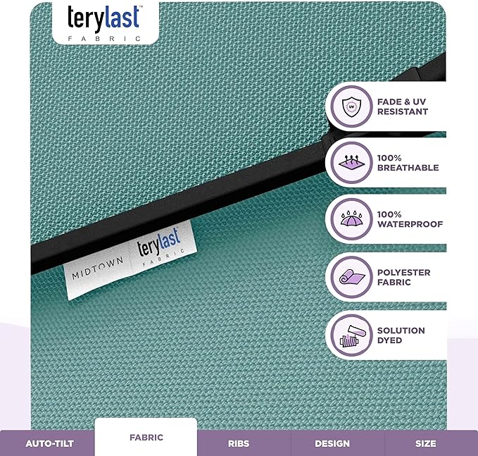 Midtown Umbrellas - 10-Year-No-Fade 8 Ft Patio Umbrella with Terylast Fabric Auto-Tilt Aluminum Frame and 8 Reinforced Ribs for Deck Pool Garden &amp Beach - Aqua Canopy Black Pole