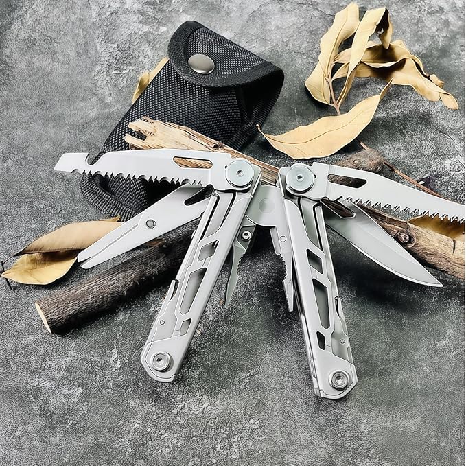 Multitool 19-in-1 Full-Size Lightweight EDC Tactical Hiking Gear Camping Knives &amp Tools Gifts for Guys Equipment for Emergencies Hiking and Outdoor Camping Multi-Purpose Pliers (Silver)