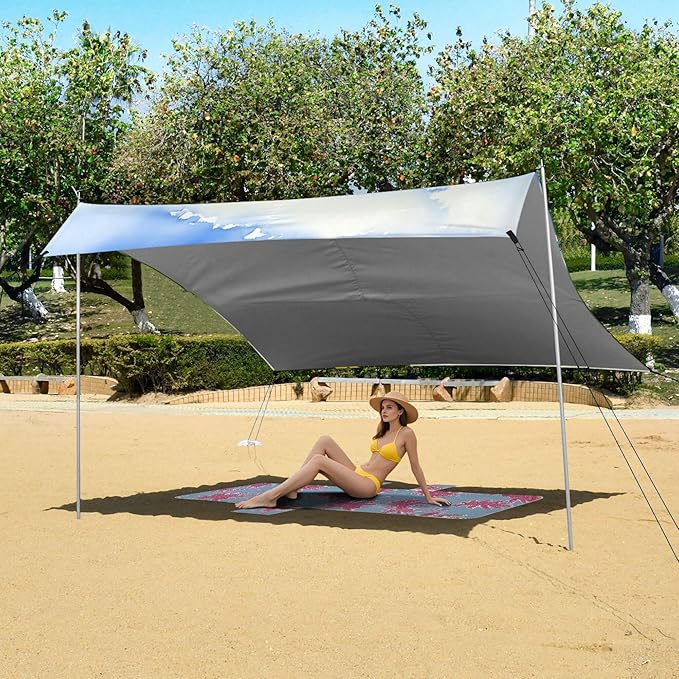 Beach Beach Canopy Sun Shelter with Sandbags &amp Sand Shovel &amp Windproof Ropes - Portable 110x126 Beach Shade Beach Tent for Camping Picnics
