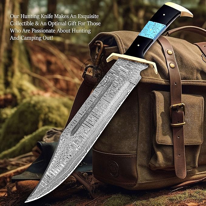 Damascus Steel Western Outlaw Bowie Hunting Knife Fixed Blade Survival &amp Hunting Knife Camping Bushcraft EDC - Gift for Men Premium Leather Sheath KKH-69