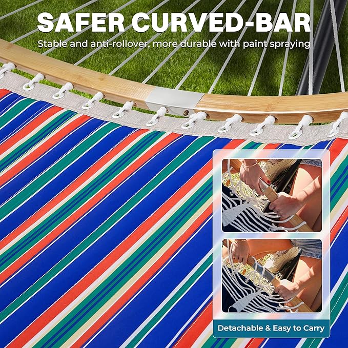 SUPERJARE Curved-Bar Hammock with Stand 2 Person Heavy Duty Hammock Frame Detachable Pillow &amp Portable Carrying Bag Perfect for Outdoor &amp Indoor Retro Blue and Green