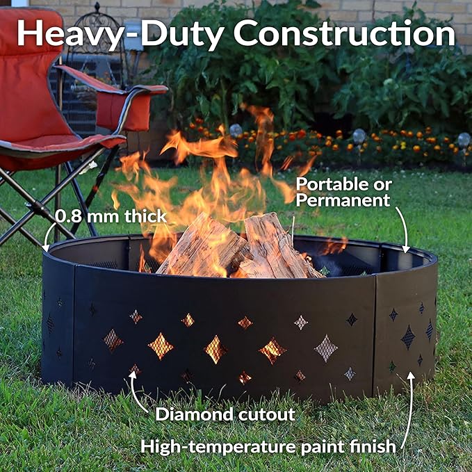 Sunnydaze 36-Inch Outdoor Fire Pit Ring with Poker - Round Heavy-Duty Steel Fire Ring for Camping or Backyard - Diamond - 10 H