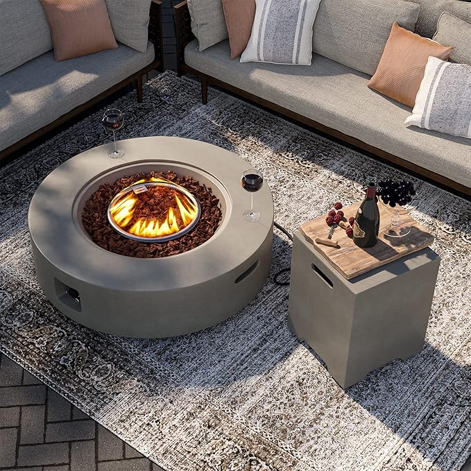 SUNBURY Outdoor 42 Inch Propane Fire Pit Table Circular Gray Patio Fire Table 50000 BTU w 20 lbs Tank Cover Waterproof Cover Free Lava Rocks