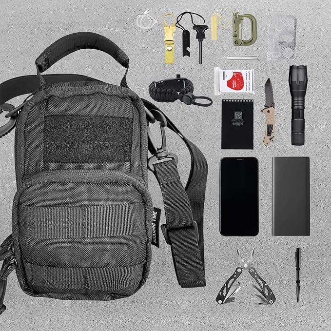 Roaring Fire Tinder Tactical Molle Utility Pouch EDC Tool Organizer Pouch with Removable Sling Strap. Modular Organizer Pouches for Every Day Carry Hiking Camping (Black)
