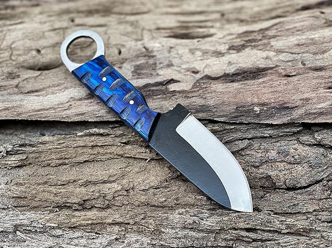 TAC KNIVES 7'' Full Tang Fixed Blade Outdoor Camping Hunting Knife In Sheath Gift For Him | 1095 High Carbon Steel Knife | SKINNER Gift | Cowboy knives | Pancake leather sheath (BLUE)