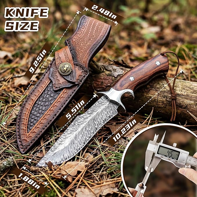 Hunting Knife with 4Cr13MoV Steel Blade &amp Wooden Handle - 10” Full Tang Fixed Blade for Outdoor Survival Camping BushcraftIncludes Leather Sheath