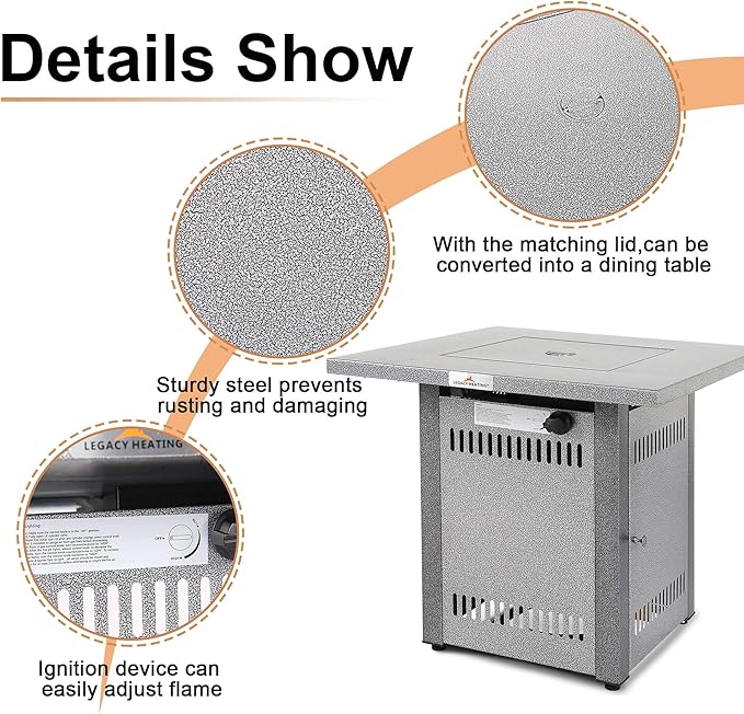 LEGACY HEATING Gas Fire Pit Table 28 inch Outdoor Propane Fire Pit Table 50000 BTU 28 Square Fire Table with Lid &amp Lava Rock Silver Grey Texture for Outside Patio Yard Party Balcony and Lawn