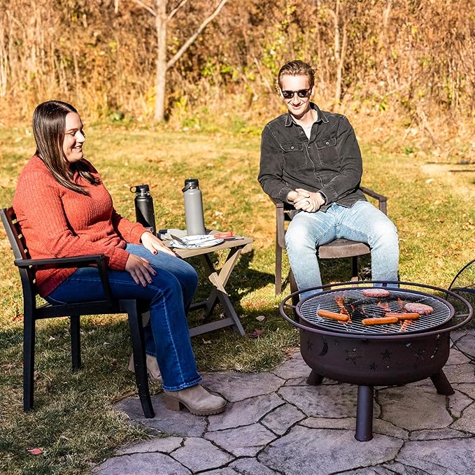 Sunnydaze Cosmic 30-Inch Patio Fire Pit for Outside - Outdoor Wood-Burning Fire Pit with Grill Grate Spark Screen and Fireplace Poker