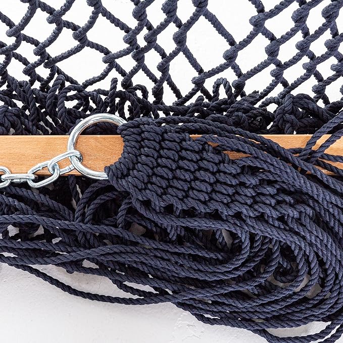 Castaway Living 13 ft. Double Traditional Hand Woven Navy Polyester Rope Hammock with Free Extension Chains and Tree Hook for 2 People with a Weight Capacity of 450 lbs.