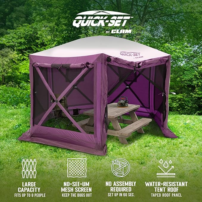 Clam Pavilion 12.5' Pop-Up Screen Tent – Plum Outdoor Camping Gazebo Canopy with Wind Panels Mesh Netting &amp Carry Bag – 6-Sided Portable Shelter for 8 People – Fast Setup Patio or Event Tent