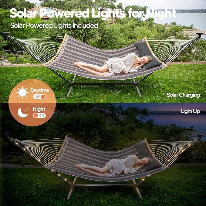 SUNCREAT Double Outdoor Hammock with 12 ft Stand Stand Alone Hammock with Solar Powered Lights Gray Stripes