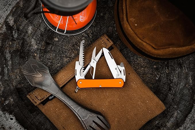 Fox Knives Vulpis FX-VP130-SF5 Slipjoint EDC Pocket Knife 5-in-1 Multitool - 2.17in Blade Hacksaw Bottle Opener Can Opener Scissors Flat Head Screwdriver - Every Day Carry (Orange)