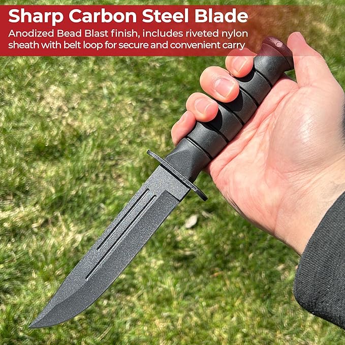 MedievalDepot 10.25 Military Survival Knife - Stainless Steel Blade Black Rubber Grip Sheath