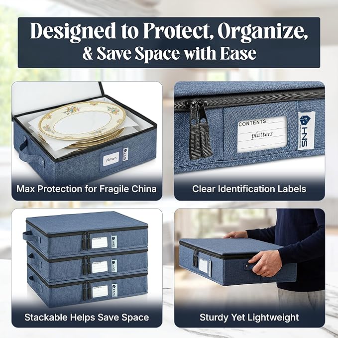 Platter Storage Containers - Hard Shell Protection for Fine China Sturdy Dish Organizer with Dividers for Seasonal Storage Moving &amp More - Protects up to 4 Platters (Blue)
