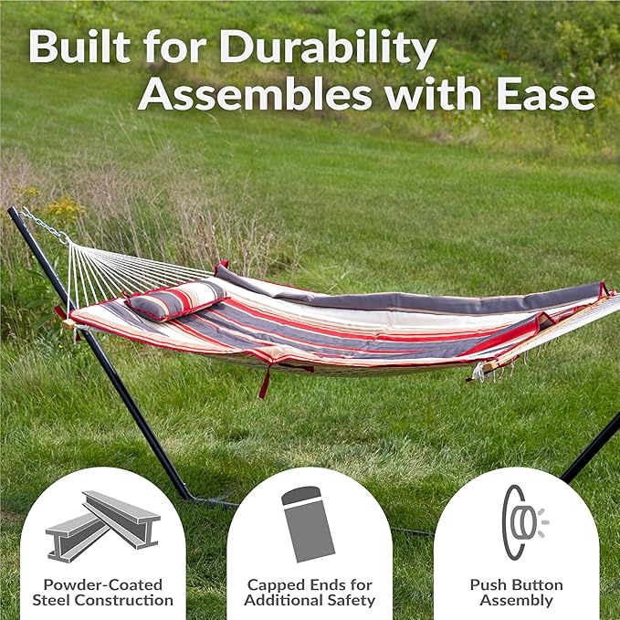 Sunnydaze Rope Hammock with Stand for Outside- 275-Pound Capacity - Includes 12-Foot Hammock Stand Spreader Bar Pad and Pillow - Modern Lines
