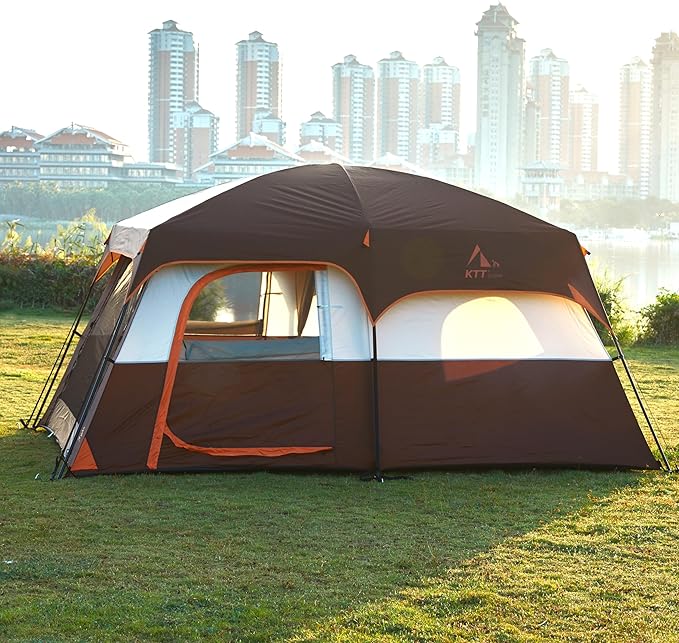 KTT Extra Large Tent 10-12-14 Person(B)Family Cabin Tents2 Rooms3 Doors and 3 Windows with MeshStraight WallWaterproofDouble LayerBig Tent for OutdoorPicnicCampingFamily Gathering