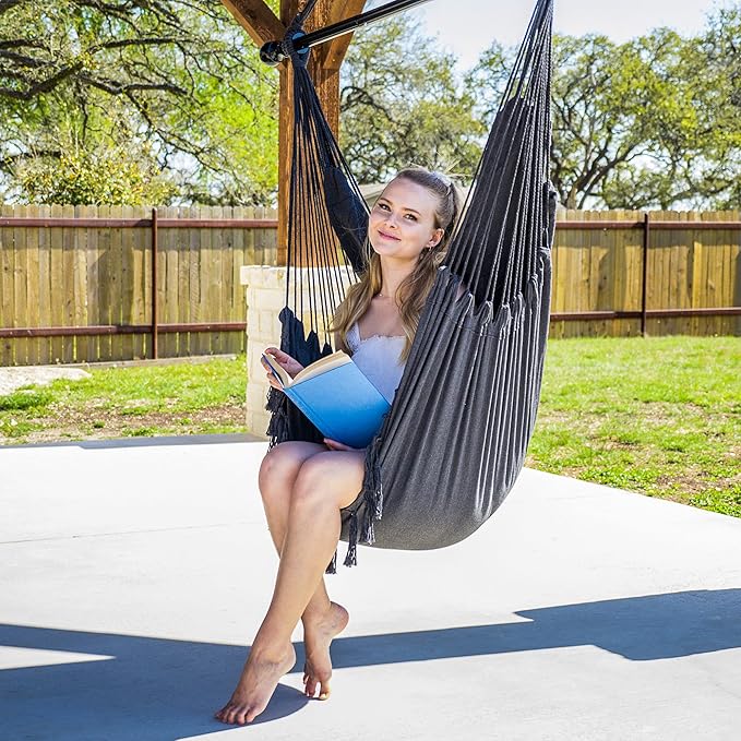SUNCREAT Hammock Chairs Hammock Chair Swing with Steel Support Bar Side Pocket Large Swing Chair for Bedroom Patio Garden Dark Gray