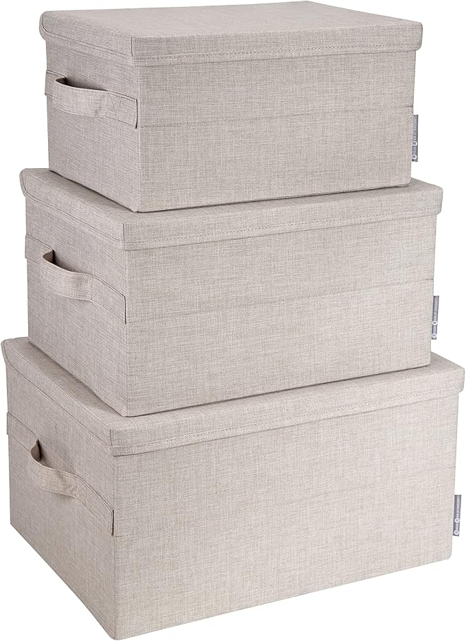 Bigso Box of Sweden Small Storage Box with Lid and Handle - Fabric Storage Box Made of Polyester and Cardboard in Linen Look - Folding Container for Clothes Accessories Toys etc. - Beige
