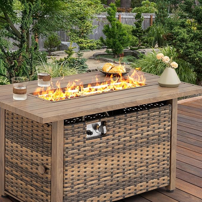 Nuu Garden 43” Propane Fire Pit CSA-Listed Rattan Outdoor Fire Pit Table 50000 BTU Smokeless Gas Fire Table with Lid and Glass Beads 2-in-1 Rectangular Fire Table for Outside Backyard Patio Brown