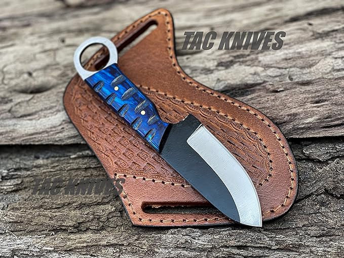 TAC KNIVES 7'' Full Tang Fixed Blade Outdoor Camping Hunting Knife In Sheath Gift For Him | 1095 High Carbon Steel Knife | SKINNER Gift | Cowboy knives | Pancake leather sheath (BLUE)
