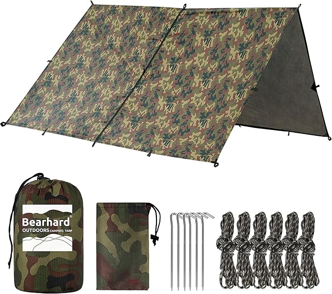Bearhard Waterproof Camping Tarp Lightweight Hammock Rain Fly UV Protection and PU 3000mm Waterproof Backpacking Tarp Tent Footprint or Shelter Kit for Hiking and Outdoor Adventure