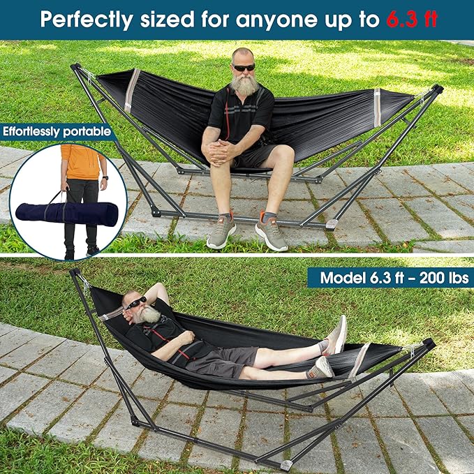 Tranquillo 600 lbs Capacity Adjustable Hammock Stand Collapsible Camping Hammock and Stand Steel Double Hammock Stand for 2 Persons Portable Everywhere Easy Assembly Non-Slip and Noise-Free Black