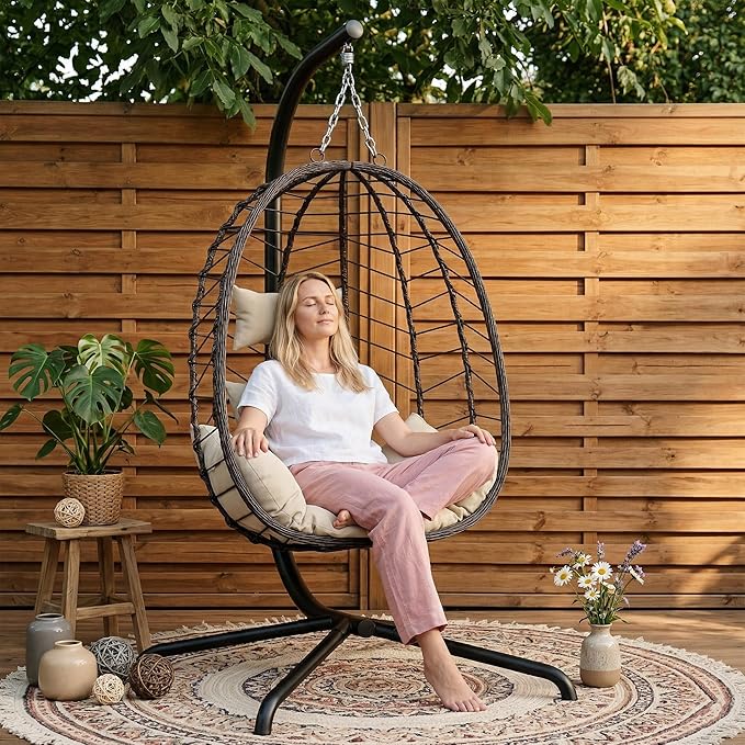 LEX CRAFT Hanging Egg Chair with Stand Swinging Egg Chair Outdoor Indoor Hanging Basket Chair with Cushion Patio Wicker Hammock Chair 350lbs Capacity for Porch Balcony Backyard Garden (Beige1)